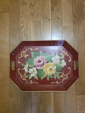 Vintage Hand Painted Tole Reticulated Floral Metal Serving Breakfast in Bed Tray